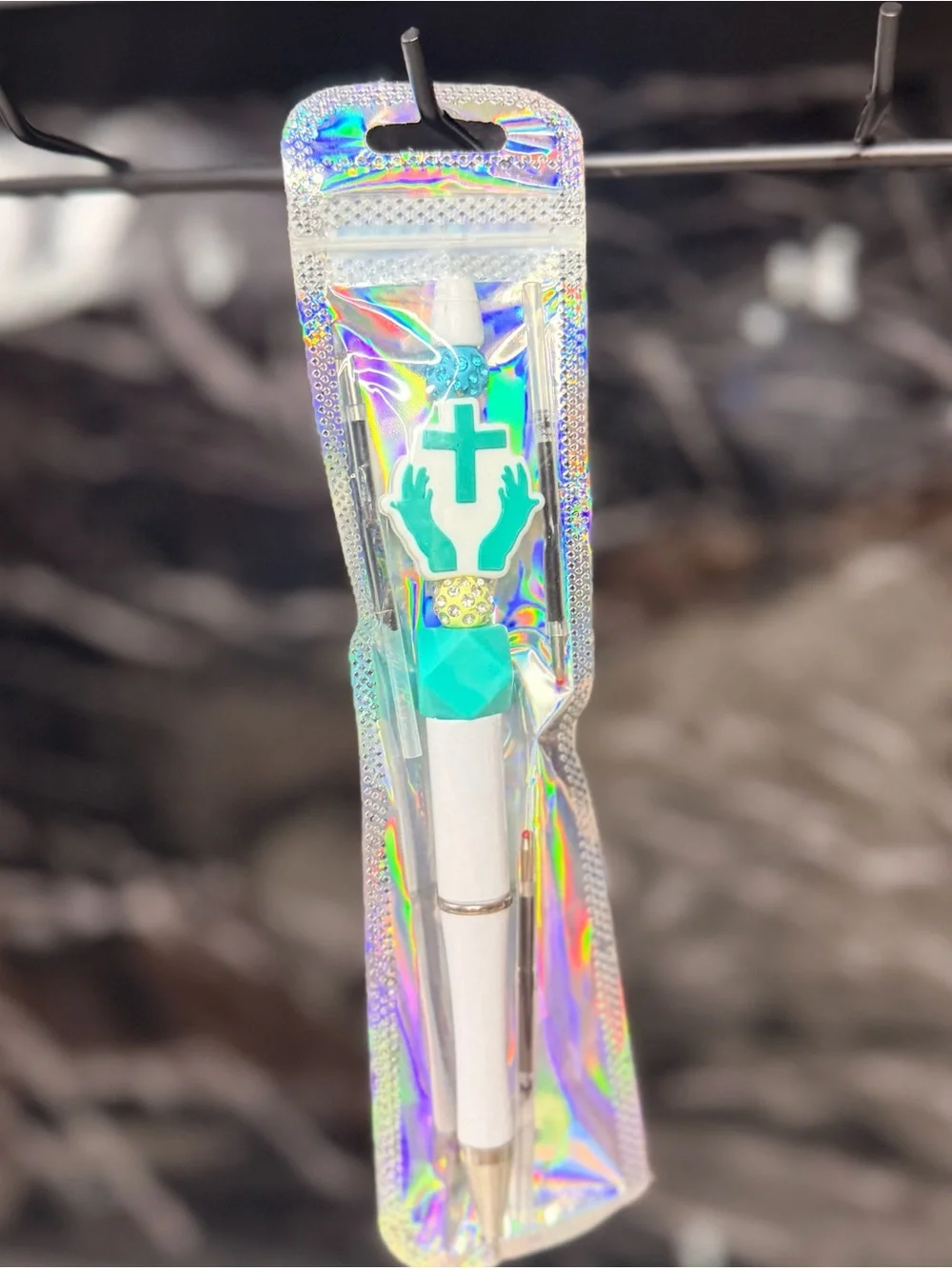 Teal Cross Focal Bead Pen Black and Blue Ink